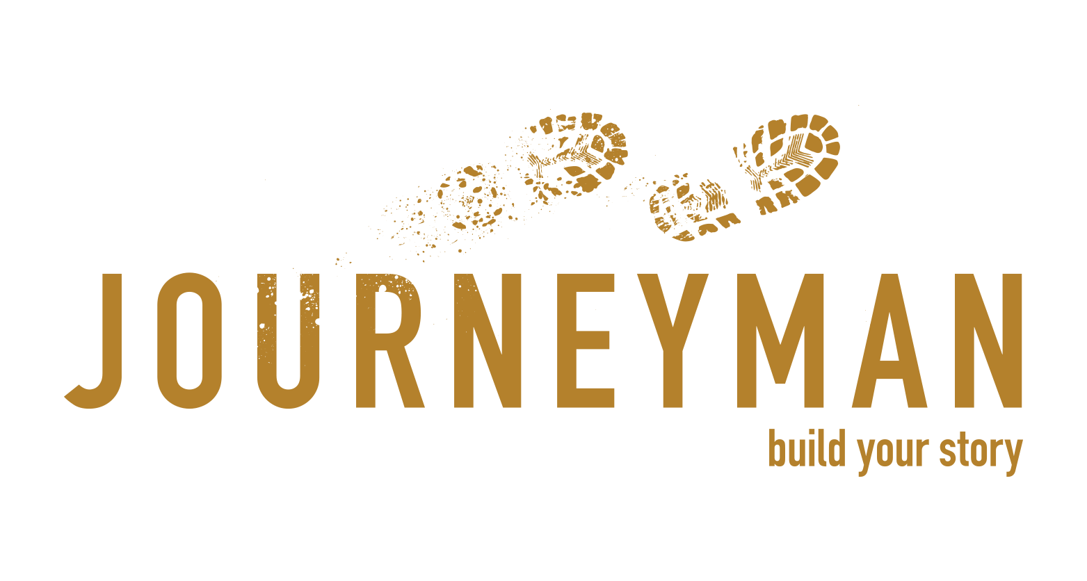 gold Journeyman with bootprints and tagline - build your story logo