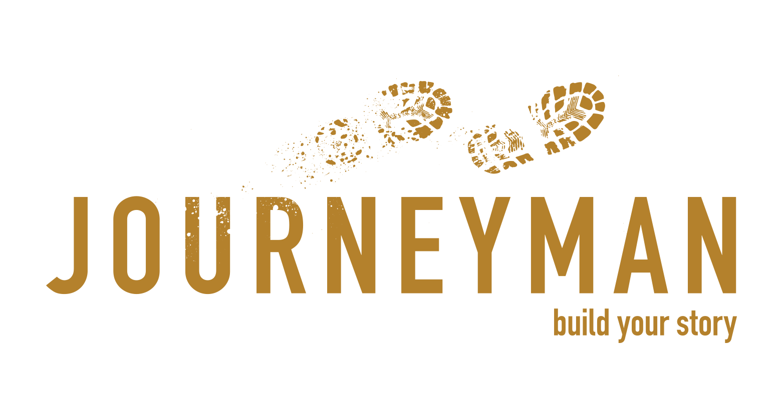 gold Journeyman with bootprints and tagline - build your story logo